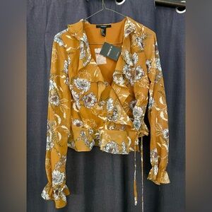 Forever 21 Floral Wrap Blouse ruffled mustard yellow, size small.  New with Tags